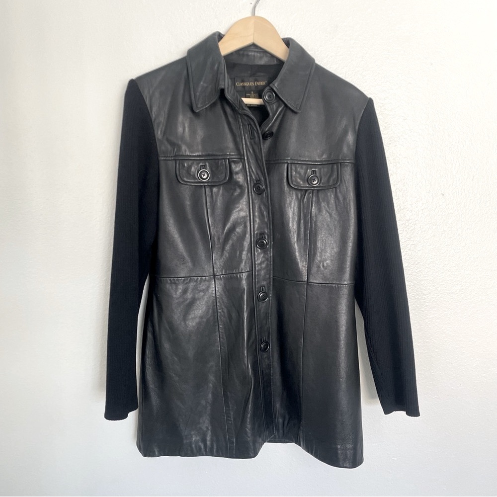 Vintage Classiques Entier Jacket Soft Lamb Leather W/ Wool Knit Sleeves Black